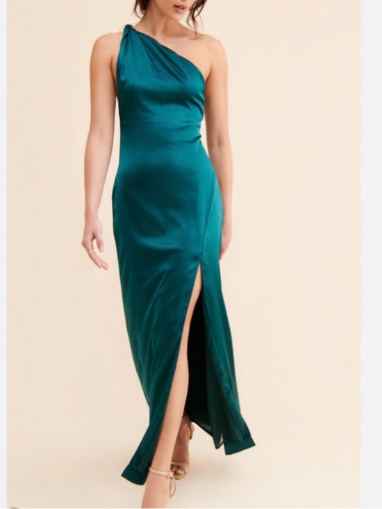 Free People Dresses & Skirts - Free People Teal One-Shoulder Satin Maxi Dress with Front Slit
